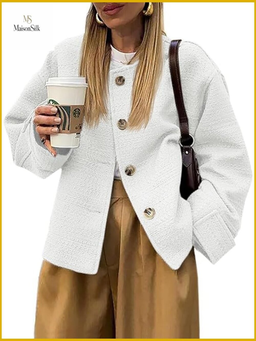 Oversized Tweed Blazer Long Sleeve Button Down Cropped Jacket with Pockets
